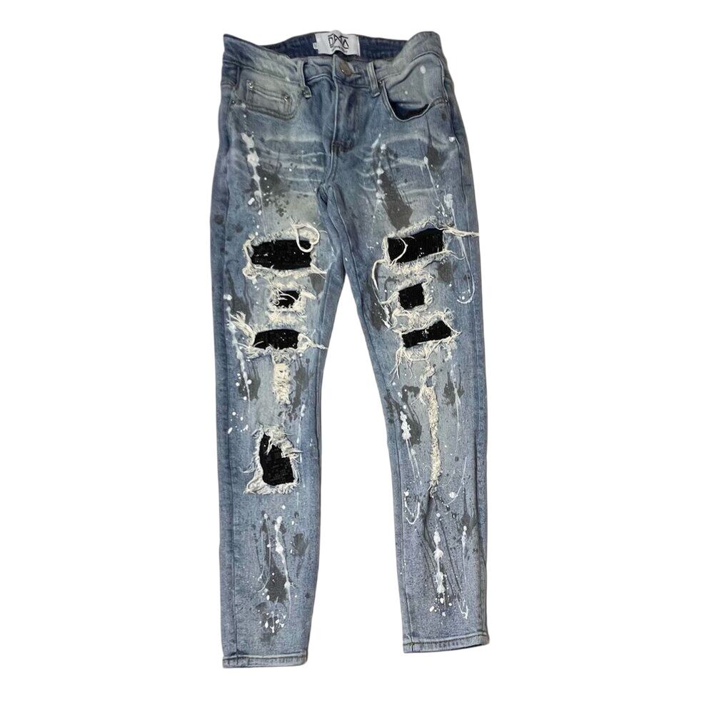 DNA Premium Painted Embellished Ripped Destroyed Blue Jeans 30 Streetwear Grunge - Picture 1 of 11